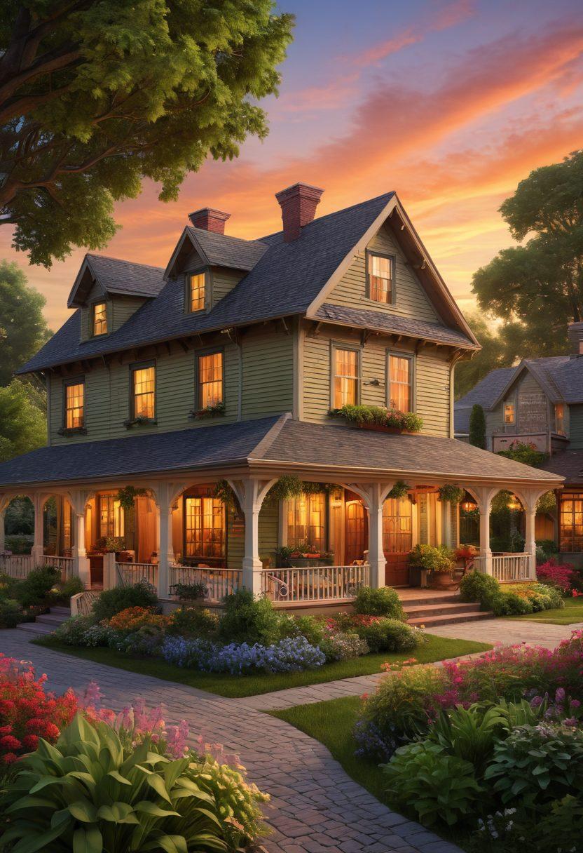 A cozy scene of Old Crocker Inn's inviting exterior, surrounded by lush gardens and vibrant local attractions in the background, featuring happy guests enjoying their stay. Incorporate elements like a warm sunset sky and charming local architecture, with a hint of rustic elegance. super-realistic. vibrant colors. 3D.