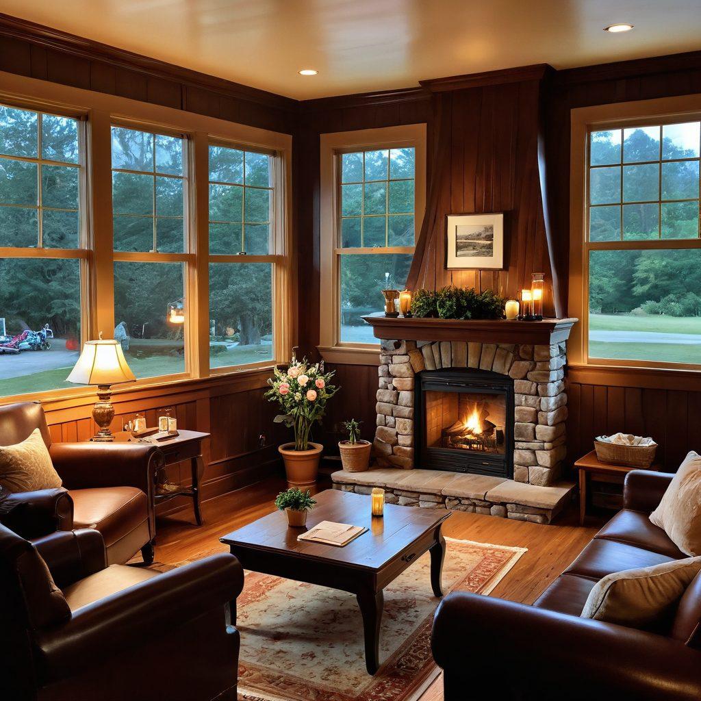 An inviting and cozy scene of the Old Crocker Inn, featuring warm wooden interiors, soft glowing lights, and a plush seating area with a fireplace. Include a window with a picturesque view of the surrounding nature, bathed in golden sunlight, and a welcoming front porch adorned with flower pots. Capture the essence of warmth and charm that invites guests to relax. super-realistic. warm colors. soft lighting.